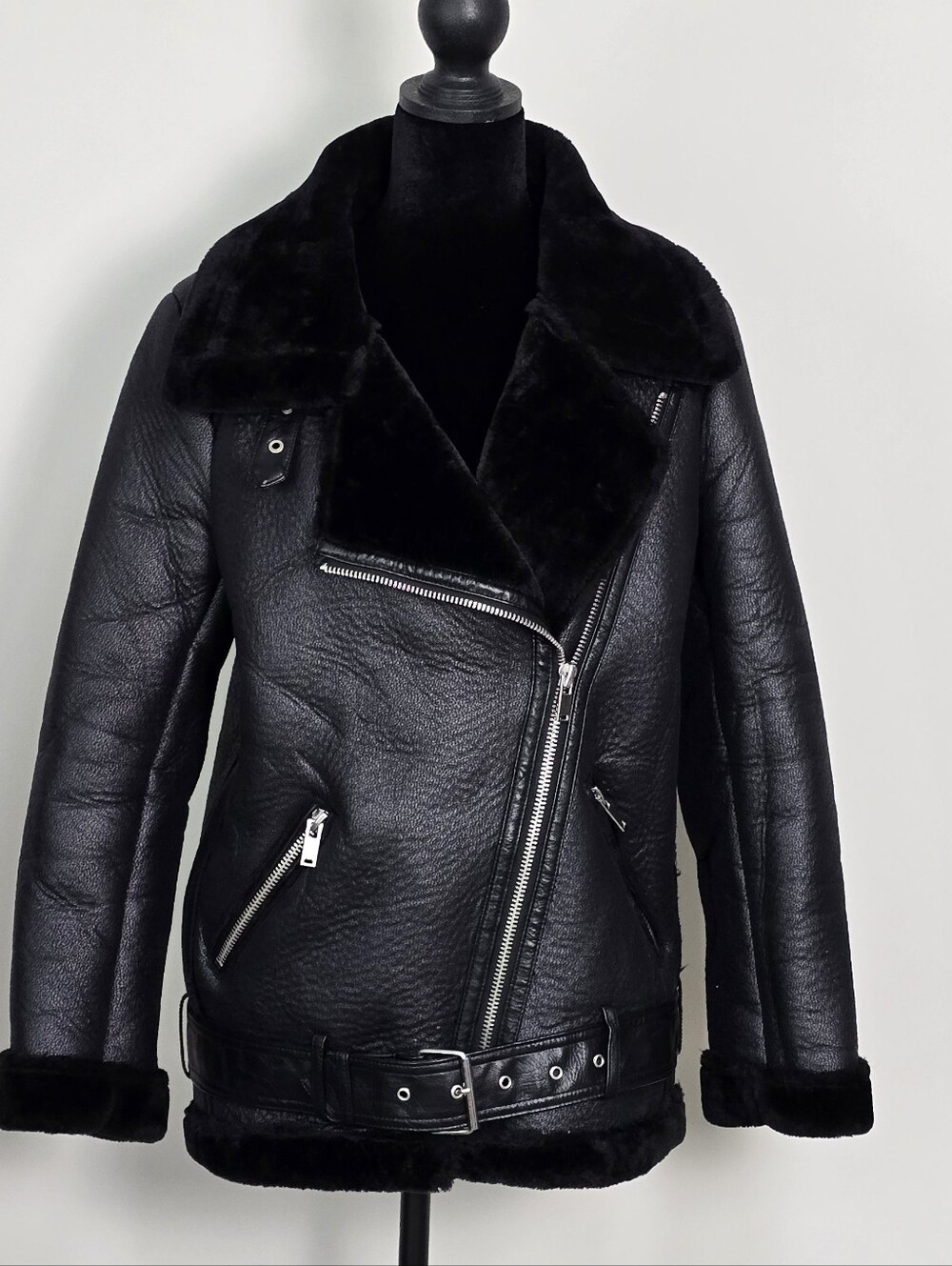 Zara Black Faux Shearling Biker Jacket